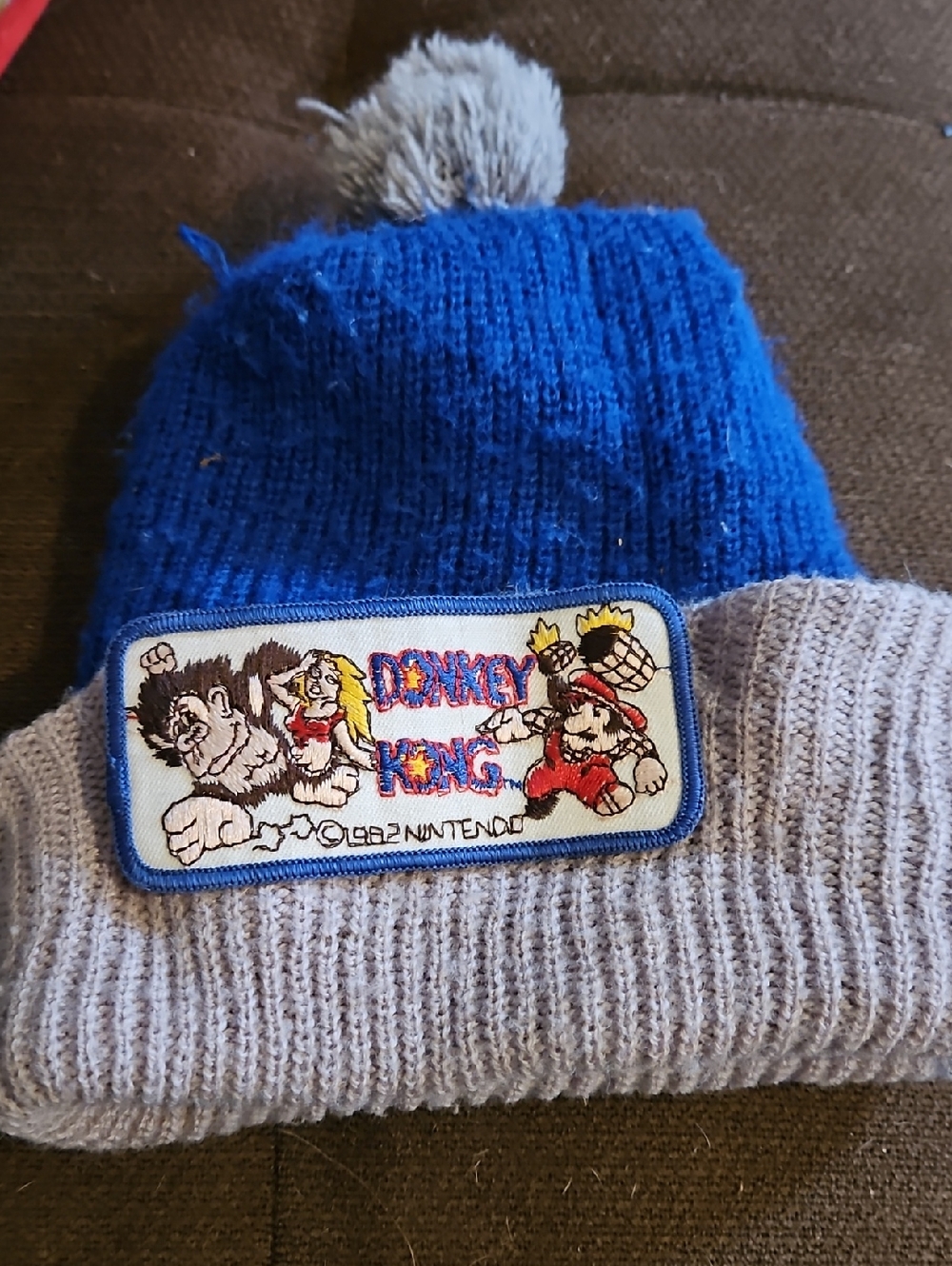 Vintage Donkey Kong Blue & Gray Kids Pom Beanie Hat